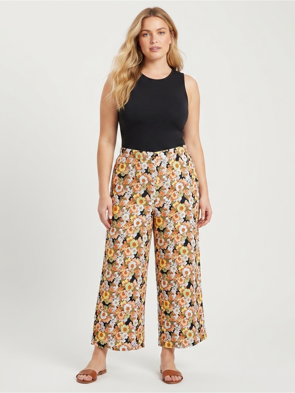 HAVER & BLAIR Retro Floral Linen Cropped Wide Leg Pants